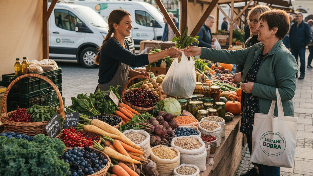 Obraz przedstawia ruchliwą scenę na lokalnym targu, z perspektywy przechodnia, który podziwia różnorodność świeżych, sezonowych produktów