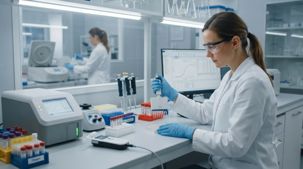 Ta grafika przedstawia nowoczesne, profesjonalne laboratorium medyczne