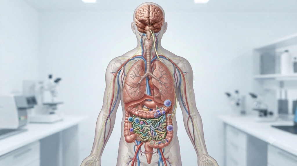 Ta ilustracja przedstawia schematyczny, anatomiczny model ludzkiego ciała w widoku od przodu, ukazujący układ nerwowy, krwionośny oraz główne narządy wewnętrzne w relacji odpowiadającej osi jelito-mózg