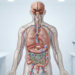 Ta ilustracja przedstawia schematyczny, anatomiczny model ludzkiego ciała w widoku od przodu, ukazujący układ nerwowy, krwionośny oraz główne narządy wewnętrzne w relacji odpowiadającej osi jelito-mózg