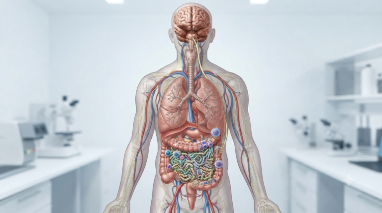 Ta ilustracja przedstawia schematyczny, anatomiczny model ludzkiego ciała w widoku od przodu, ukazujący układ nerwowy, krwionośny oraz główne narządy wewnętrzne w relacji odpowiadającej osi jelito-mózg